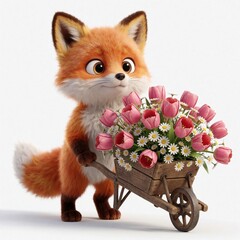 Fototapeta premium Cute cartoon fox pushes wheelbarrow full of pink tulips, daisies. Adorable animal character with fluffy tail carries fresh blooming spring flowers. Furry fox enjoys gardening, nature. Fun
