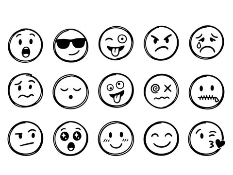 Conjunto de caras emoji con diferentes expresiones dibujadas a mano