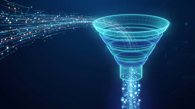 Digital marketing conversion funnel filtering big data streams into targeted analytics and business insights
