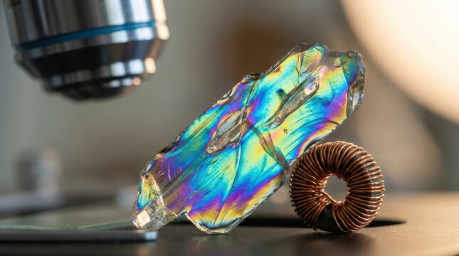 Thin crystal under polarized light with magnetic coil and microscope objective lens, showing glowing interference colors.