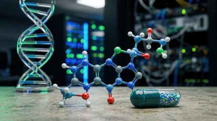 Plakat AI drug discovery concept with molecular model, capsule, dna helix sculpture, and server rack lights for pharmaceutical research.
