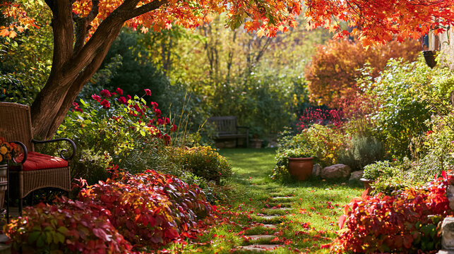 Autumn garden path winding through vibrant fall foliage and rustic backyard plants creating a peaceful seasonal scene