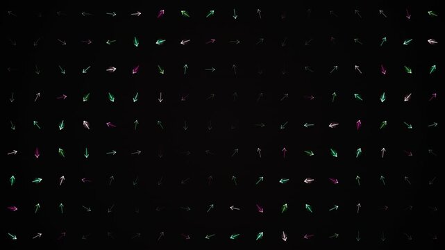 Numerous tiny multicolored directional arrows are scattered randomly across a dark background.