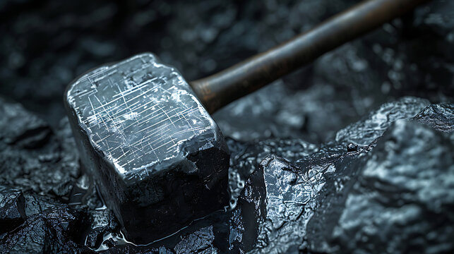 Heavy steel sledgehammer resting on dark wet coal or rock