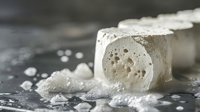 Close up of porous white chemical foam block reacting on wet surface