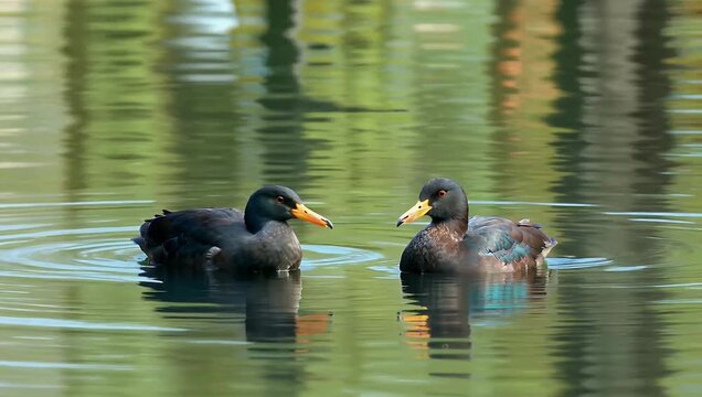 Serene 4K resolution stock video capturing two wild aquatic birds floating on a calm pond surface displaying natural wildlife interactions gentle water ripples and peaceful reflections ideal for