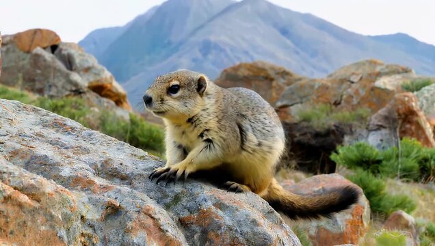 Detailed 4K wildlife video featuring a yellow-bellied marmot resting on rocks in its alpine habitat highlighting soft fur textures and natural foraging behavior