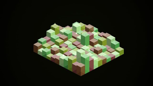 An isometric structure composed of green and brown cubes rises against a stark black background.