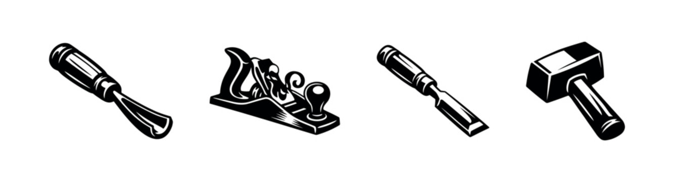 Black and white vintage carpentry tools silhouette illustration with hammer chisel wood plane
