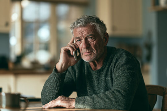 A grey-haired man in his sixties holds a phone away from his ear with a thoughtful, uncertain expression at a sunlit kitchen table. Voice cloning scam awareness and elder fraud prevention concept.