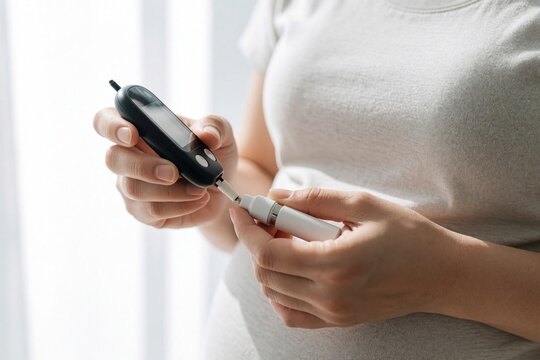 Pregnant woman checks blood sugar level with glucose meter. Careful health monitoring for gestational diabetes prevention. Baby wellbeing focus.