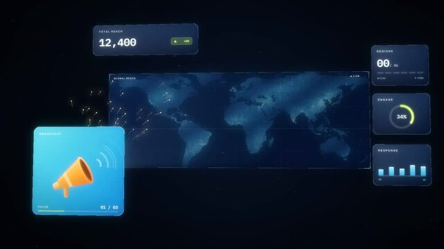 Global broadcast campaign reach dashboard with megaphone icon and world map lighting up