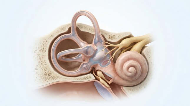 Cross-section of the human inner ear showing semicircular canals and cochlea anatomy