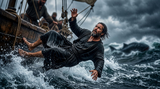 Jonah is being thrown into the sea.