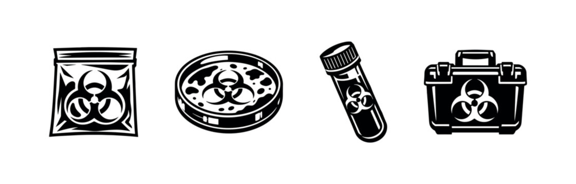 Black and white vector illustration of biohazard symbols on medical equipment icons