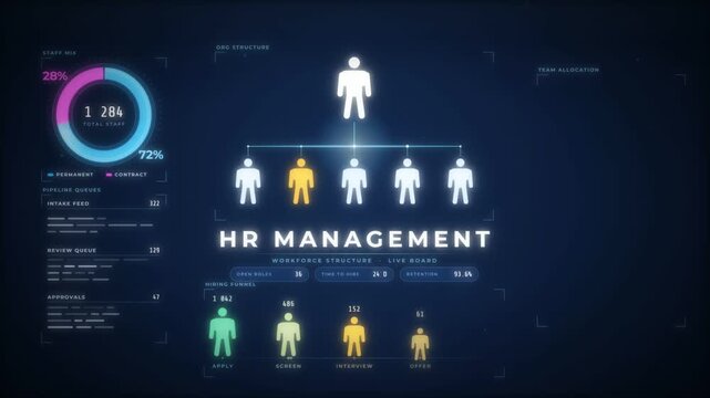HR management workforce dashboard with org chart hiring funnel and staff allocation data
