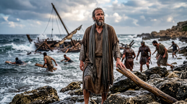 Paul surviving a shipwreck with soldiers and prisoners reaching the shore.	