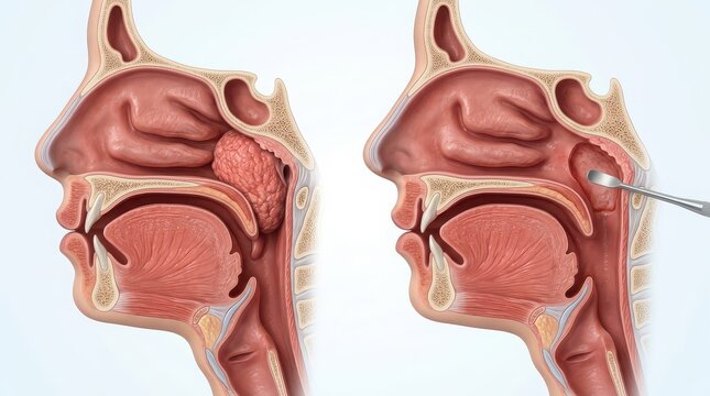 Human Nasal Cavity Anatomy Showing Adenoid Tissue and Medical Instrument human anatomy tonsil