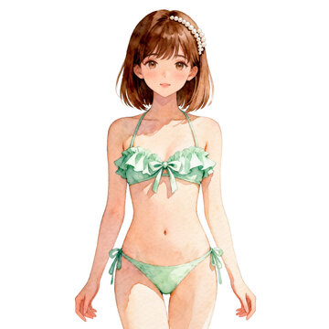 [Transparent Background PNG]Young woman with short brown hair wearing a mint green bikini with pearl headband