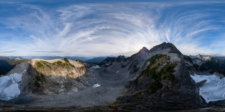 Sunrise Mountain Panorama Over Rugged Glacial Peaks in British Columbia 360 Panorama Landscape