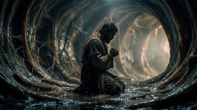 Jonah kneeling in prayer inside the belly of a great fish.