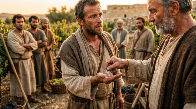 The landowner pays each worker one denarius. Those who work longer grumble because they want more.