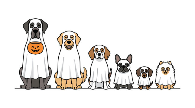 Halloween Dogs in Costume: A collection of dog breeds, from Great Dane to Pomeranian, are dressed in ghost costumes for Halloween, creating a cute and playful seasonal display.