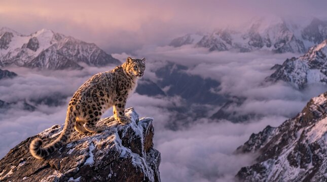 Snow leopard standing on a jagged mountain peak above sea of clouds at sunset with wild cat cloud sea rocky mountain majestic animal high altitude nature scenery