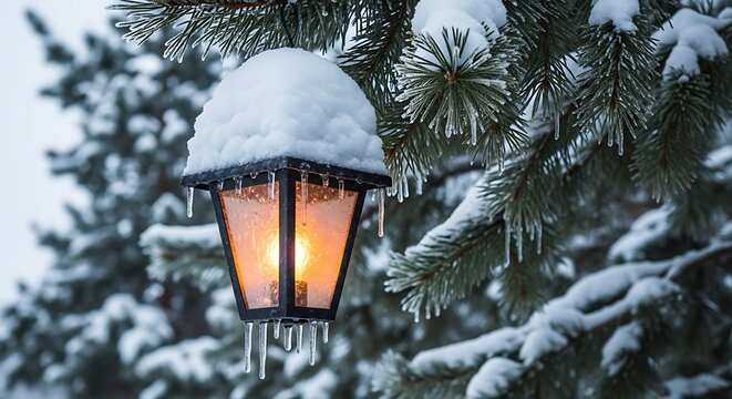 Glowing vintage lantern hanging on a pine tree branch covered in snow