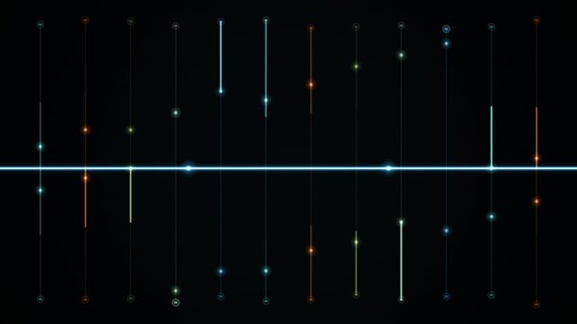 Abstract vertical light lines form a data grid pattern on a dark background with a central horizontal blue beam.