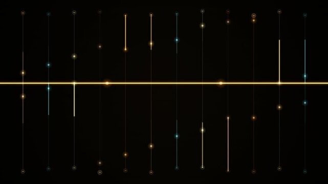 Abstract glowing lines and dots float across a dark space creating a futuristic tech background.