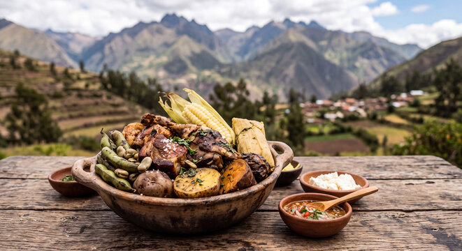 Peruvian dish "Pachamanca" close up on rustic table with mountain landscape background