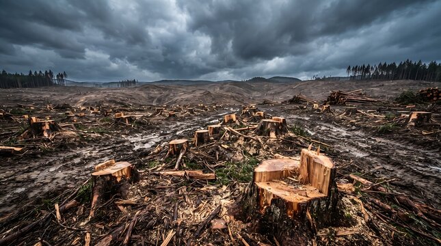 Aerial view of a vast deforested landscape with dark stormy clouds looming over the barren earth
