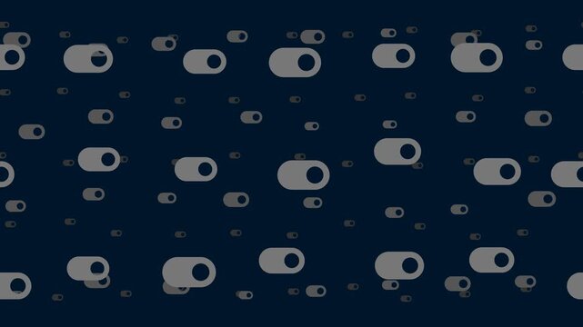 Toggle switch symbols float horizontally from left to right. Parallax fly effect. Floating symbols are located randomly. Seamless looped 4k animation on dark blue background