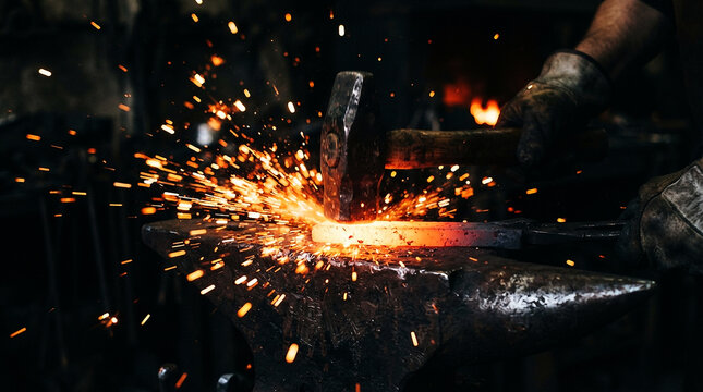 Intense moment of a blacksmith forging hot metal on an anvil with a hammer, creating a dramatic shower of fiery sparks in a dark, traditional workshop.