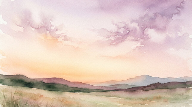 Watercolor Sunset Landscape with Soft Clouds, Pastel Sky, and Distant Rolling Hills