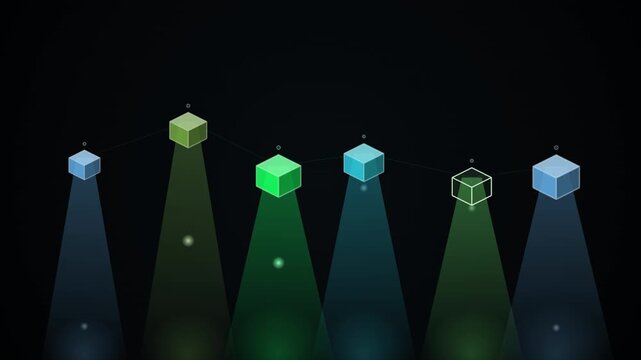 An abstract display featuring illuminated cubes connected by lines above projecting spotlights on a dark background