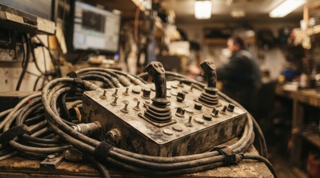 Remote drilling control module with joysticks, toggle switches, rugged cables, and worn buttons inside a site trailer