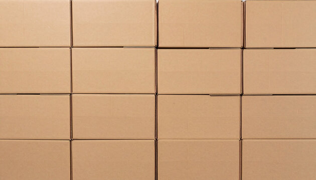Cardboard boxes stacked neatly in a uniform grid pattern forming a textured background for shipping logistics and storage concepts