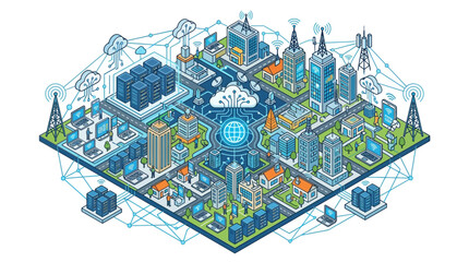 Fototapeta premium Isometric smart city with digital connectivity and cloud technology