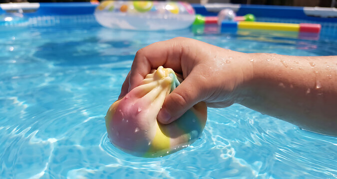 Hand squeezing a colorful rainbow squishy toy in bright blue swimming pool water in summer