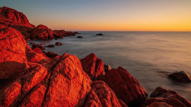 Sunset Over Red Jagged Rocks And Smooth Water At Hormuz Island