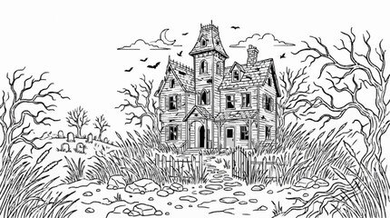 Naklejka premium A spooky haunted house with dead trees and a graveyard under a cloudy sky, perfect for Halloween-themed art and coloring pages