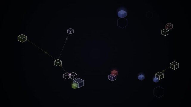 A digital animation showing isometric cubes connected by thin lines on a black background.
