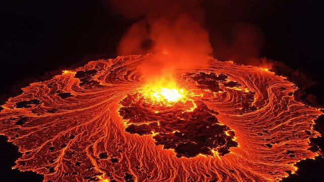 Glowing Molten Lava Flowing In A Dark Volcanic Crater At Night