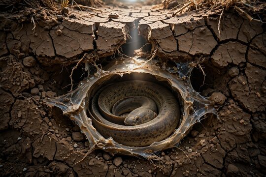 Conceptual illustration of a lungfish coiled inside a mucous cocoon surviving underground in dry cracked soil during a severe drought showcasing the natural phenomenon of aestivation