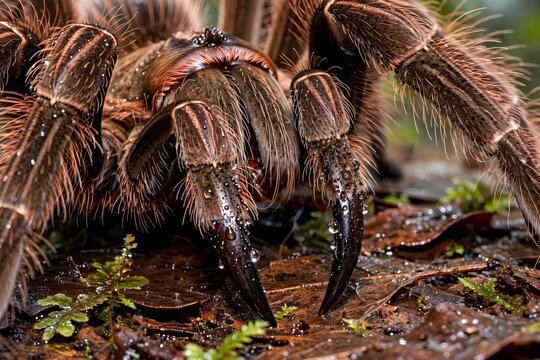 Extreme macro close-up of a large hairy Goliath birdeater tarantula Theraphosa blondi with water droplets on its massive fangs and legs resting on wet forest leaves