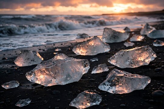 Glowing ice chunks scattered on a black sand beach at sunset with ocean waves crashing in the background under a vibrant twilight sky