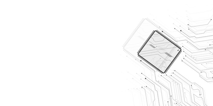 Futuristic microchip processor on circuit board background. Digital technology hardware vector. Abstract electronic motherboard design.