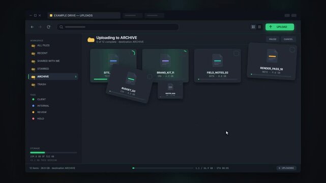 Cloud drive file upload with drag and drop progress rings and green completion checkmarks